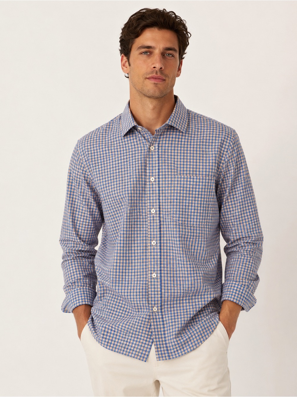 Peter Millar Soft Crown Twill Long Sleeve Shirt | Blue & Orange | Size Medium